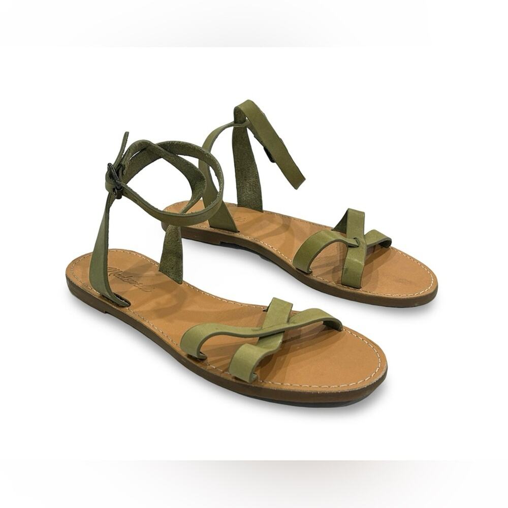 Madewell The Boardwalk Ankle Strap Sandals Size 8 Olive Green Lather Flats